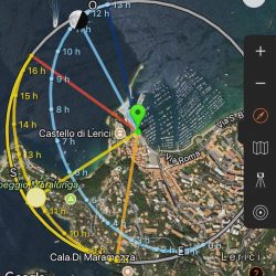 SunSurveyor - percorso del sole a Lerici. Screenshot Location Scouting Italia