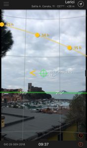 Sun Surveyor screenshot con percorso del sole su Lerici. Location Scouting Italia - duzimage