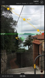 Sun Surveyor screenshot con percorso del sole su Lerici. Location Scouting Italia - duzimage