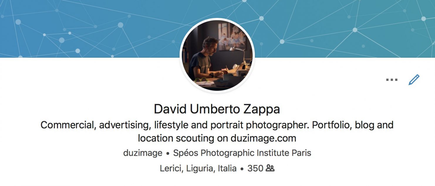 screenshot del profilo LinkedIn di David Umberto Zappa, fotografo commerciale italiano. Copertina del post sul blog duzimage riguardo l'utilità di LinkedIn anche per fotografi