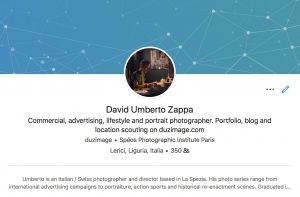 screenshot del profilo LinkedIn di David Umberto Zappa, fotografo commerciale italiano. Copertina del post sul blog duzimage riguardo l'utilità di LinkedIn anche per fotografi