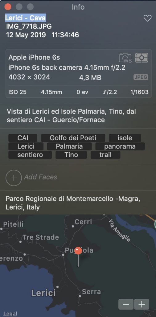 screenshot schemata metadati foto scattata con iPhone ed editata con Photos per indicizzazione