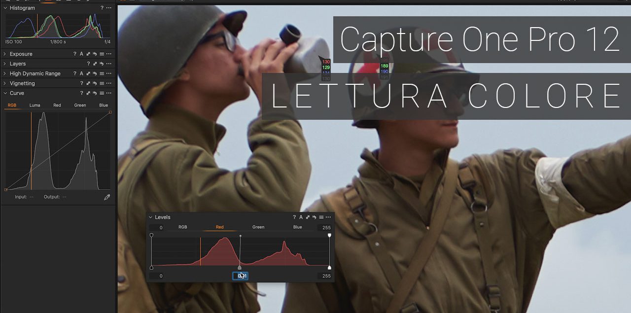 Immagine copertina del post sullo strumento lettura colore in Capture One Pro 12. Due soldati come immagine di sfondo e screenshot dell'interfaccia