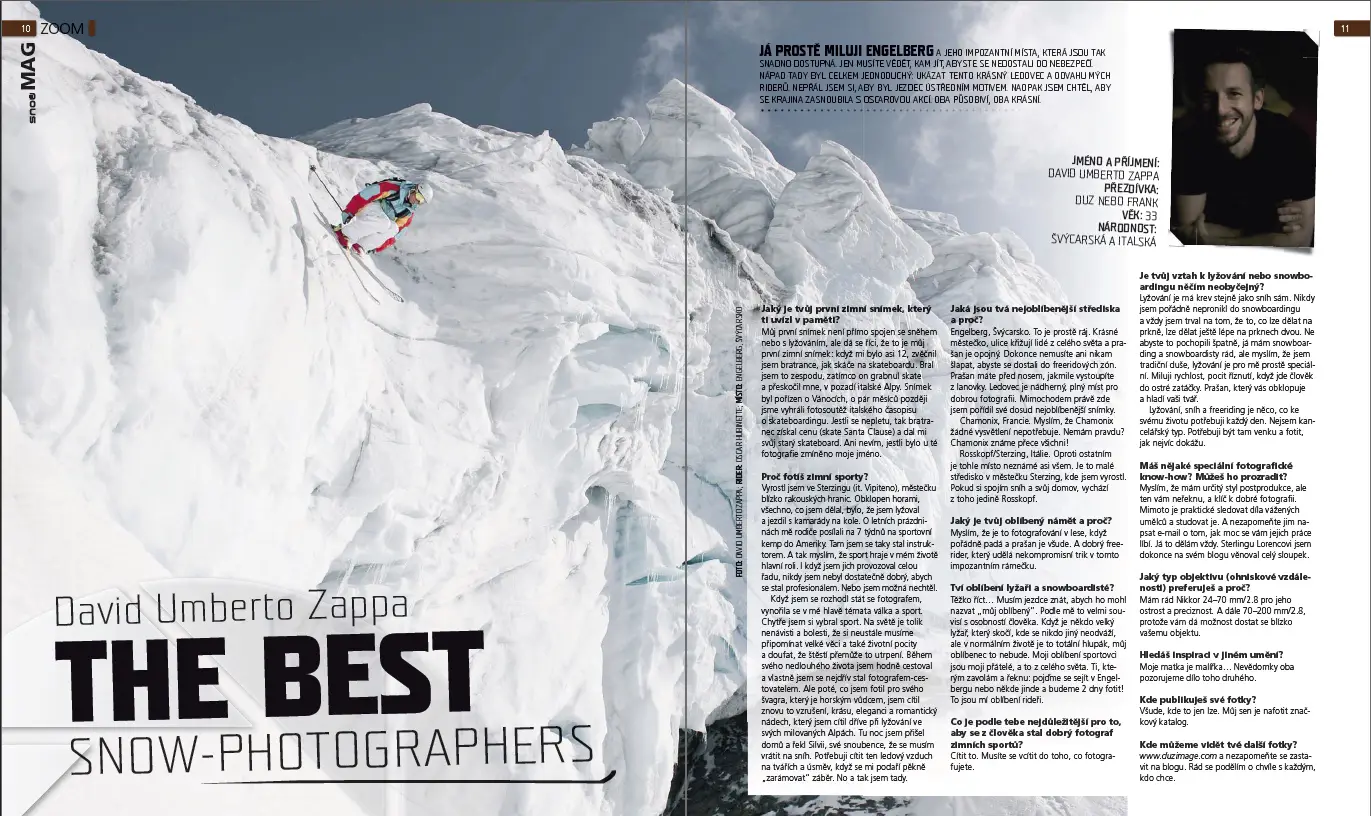Copertina di articolo sul fotografo di sci estremo David Umberto Zappa. Uno sciatore fa un salto impressionante da un ghiacciaio