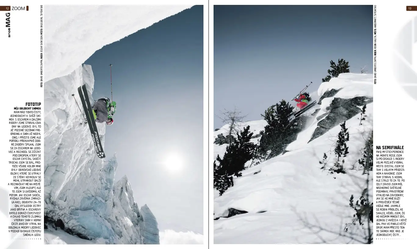 Portfolio Sport & Lifestyle del fotografo duzimage - estratto articolo rivista di sci. Immagine di sinistra ripresa di uno sciatore dal basso mentre salta giù da un ghiacciaio. Immagine di destra, sciatore salda da piccola roccia circondata da alberi