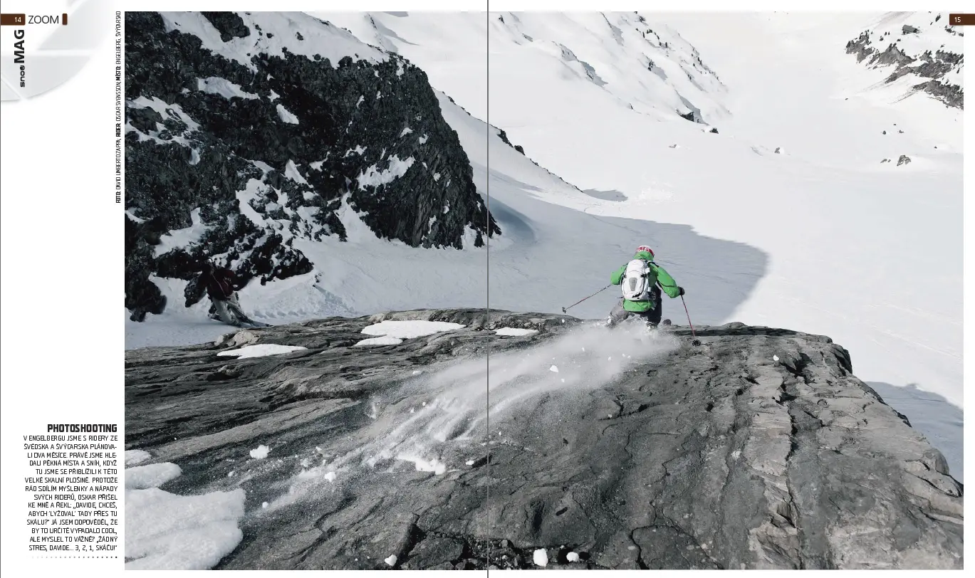 Portfolio Sport & Lifestyle del fotografo duzimage - estratto articolo rivista di sci. Uno freeride scia sopra una roccia